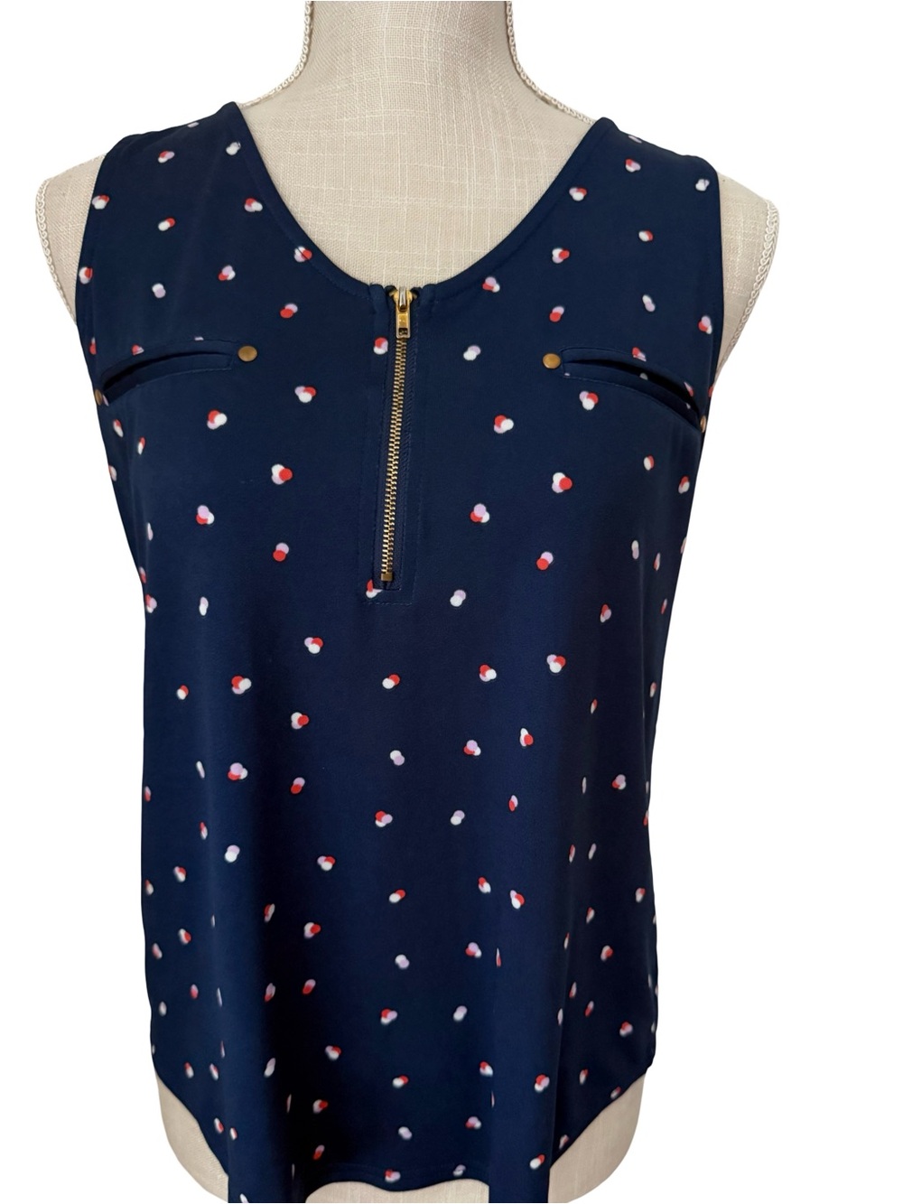 Navy Sleeveless Zip-Front Dot Print Blouse